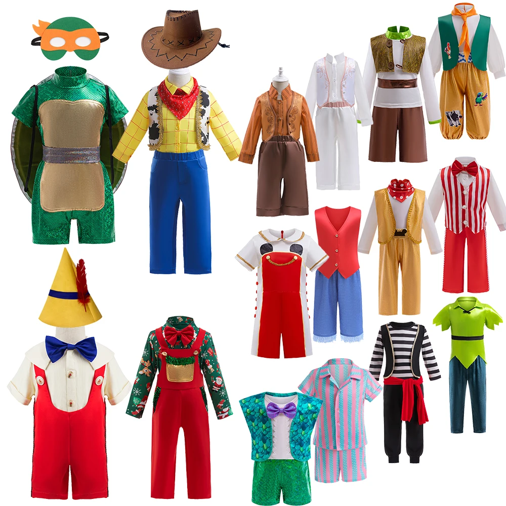 子供のためのおとぎ話のキャラクターの衣装、ハロウィーンの仮面舞踏会のパーティー、ピーターパン、木質の服セット、誕生日のカーニバル、男の子のシュレックブランチスーツ