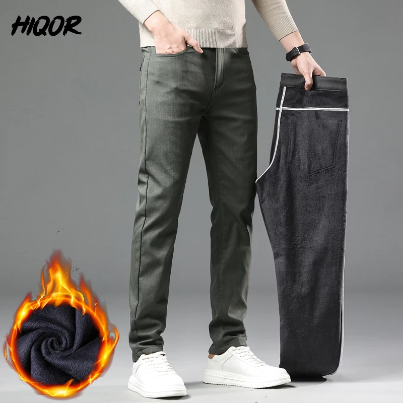 HIQOR Men\'s Fleece Straight Leg Casual Pants Winter Mens Business Work Pants Thick Cotton Army Green Trousers Male Suit Pants