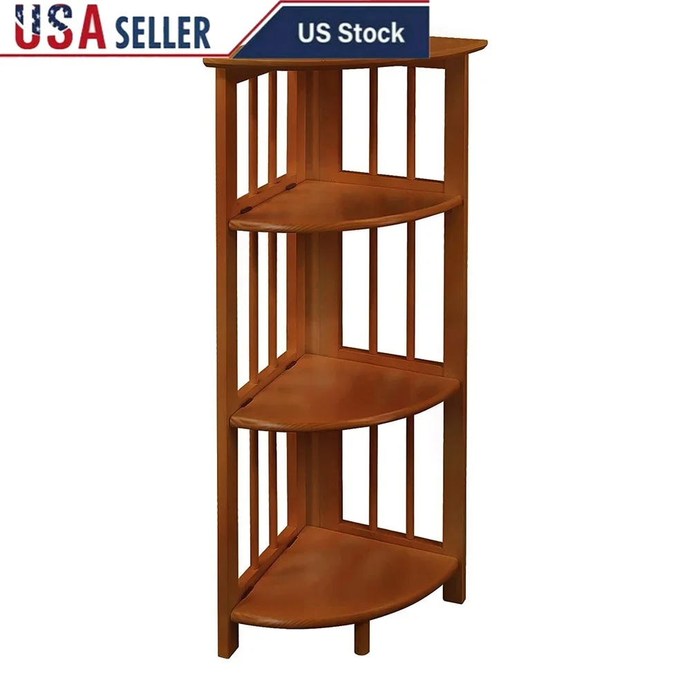 

Wooden Corner Bookcase Folding 4 Shelf Storage Unit Solid Wood Tall Display Rack Home Office Furniture