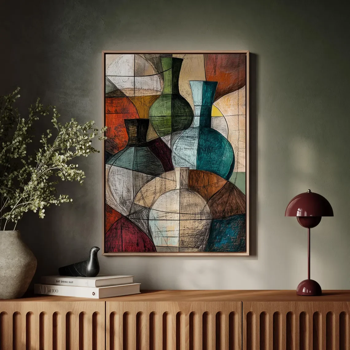 Abstract Cubist Vases Still Life Wall Print Decor-Artistic Vibe, Perfect for Living Rooms, Bedrooms, or Mid-Century/Bohemian-Sty