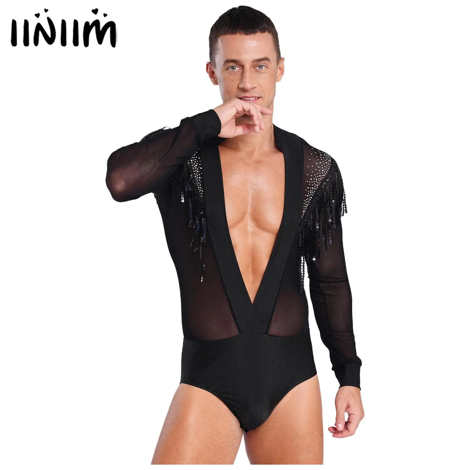 Mens Sheer Mesh Sequined Tassels Rhinestones Bodysuit Tango Latin Dance Leotard Deep V-neck Salsa Figure Skating Dance Costume