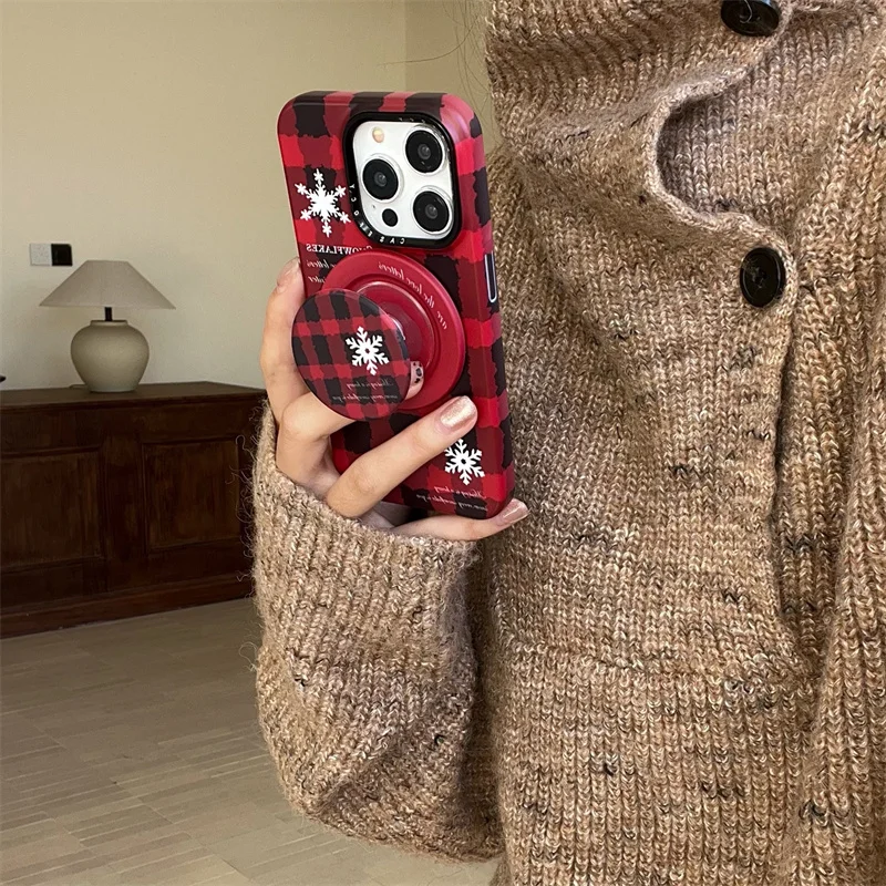 

Cute red Polka dot plaid Snowflake Magesafe case for iPhone 13, 14 Pro 15, 16 Pro Max magnetic stand shock cover