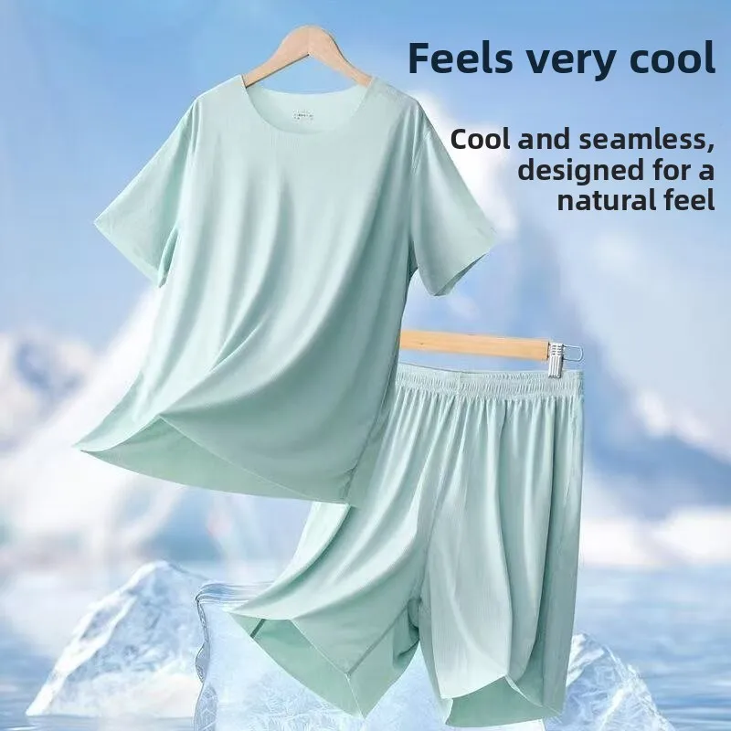 

Женский комплект для сна и спорта из ледяного шелка: футболка с коротким рукавом и шорты, быстросохнущая повседневная одежда из двух предметов