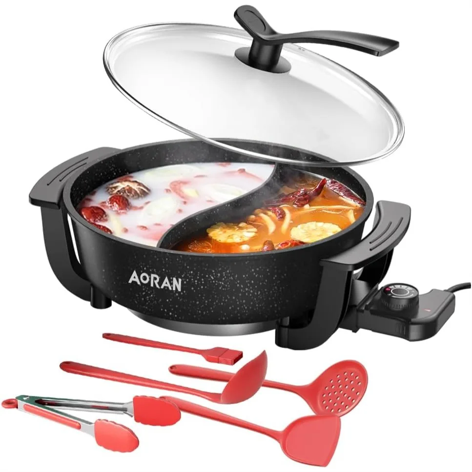 

6L Electric Hot Pot, Non-Stick Smokeless Cooking Pot with Divider for Hot Pot Fondue Shabu Shabu, Multi-Function Set
