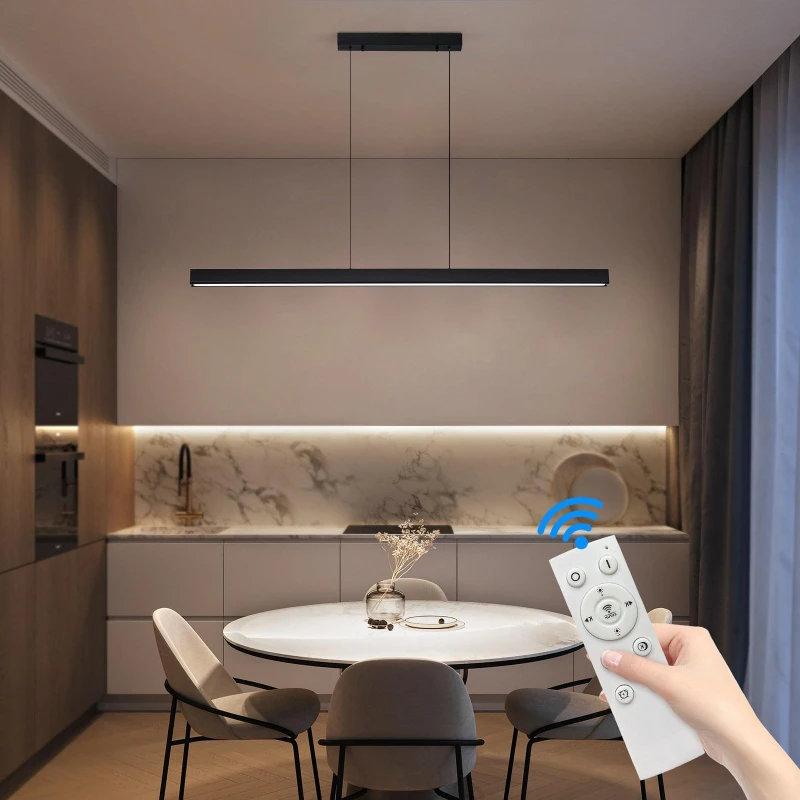 

120CM Modern Linear Pendant Light with Remote Control, Dimmable Light Fixture with 1.5m Adjustable Cords for Dining Room Kitchen
