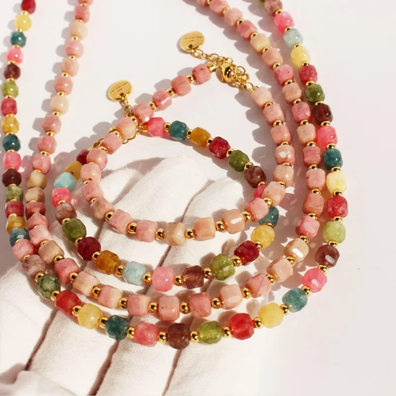 

2026 Spring and Summer New Hand-beaded Rainbow-colored Faceted Tourmaline Stone Necklace Clavicle Chain Bracelet Classic Jewelry