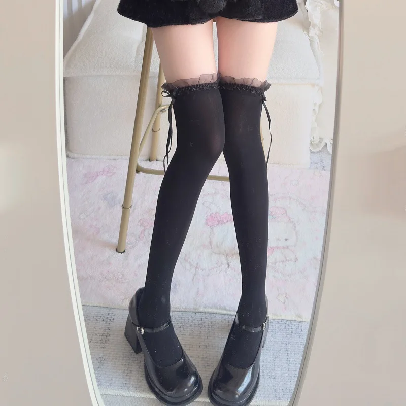 Weiße Spitzenstrümpfe mit Schleife für Damen, transparente Overknee-Socken, Lolita Cosplay, romantische Date-Overknee-Socken, lange Socken – Detail 14