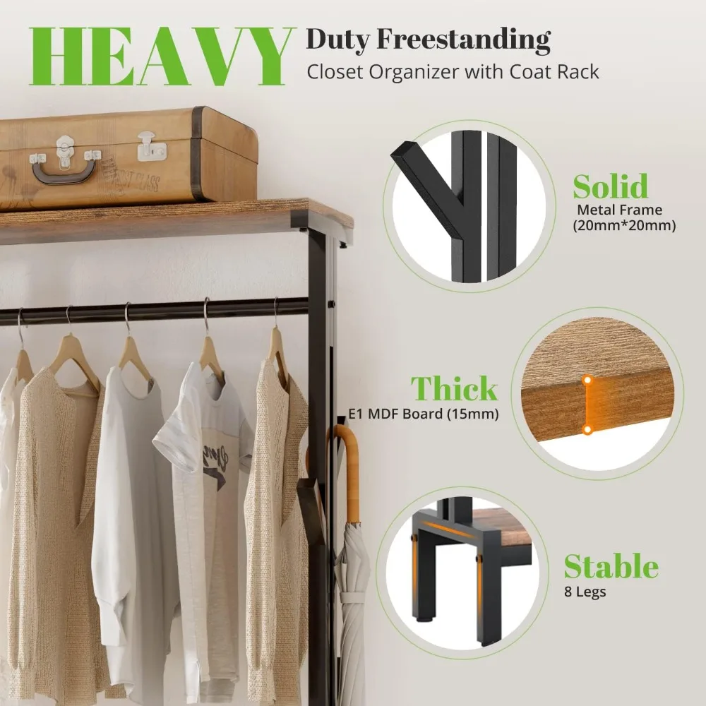 Heavy Duty Extra Large Freestanding Closet Organizers and Storage with Coat Rack Metal Wardrobe Closet Clothing Rack for