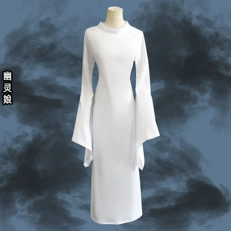 Kostum Hantu Halloween Aprikot Wanita Cross-dressing Cosplay Wanita Dua Arah Slim Fit Gaya Yang Sama