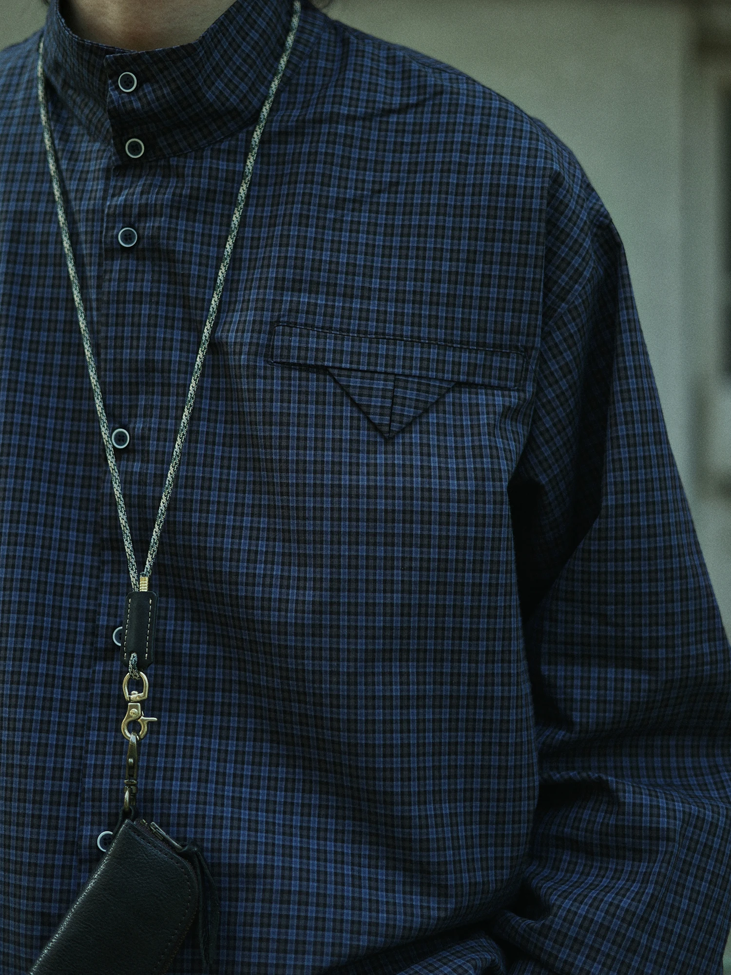 

Loose Fit Plaid Shirt Men's Stand Collar Inner Wear Vintage Style Long Sleeve Cotton Button up Shirt for Youth Crisis