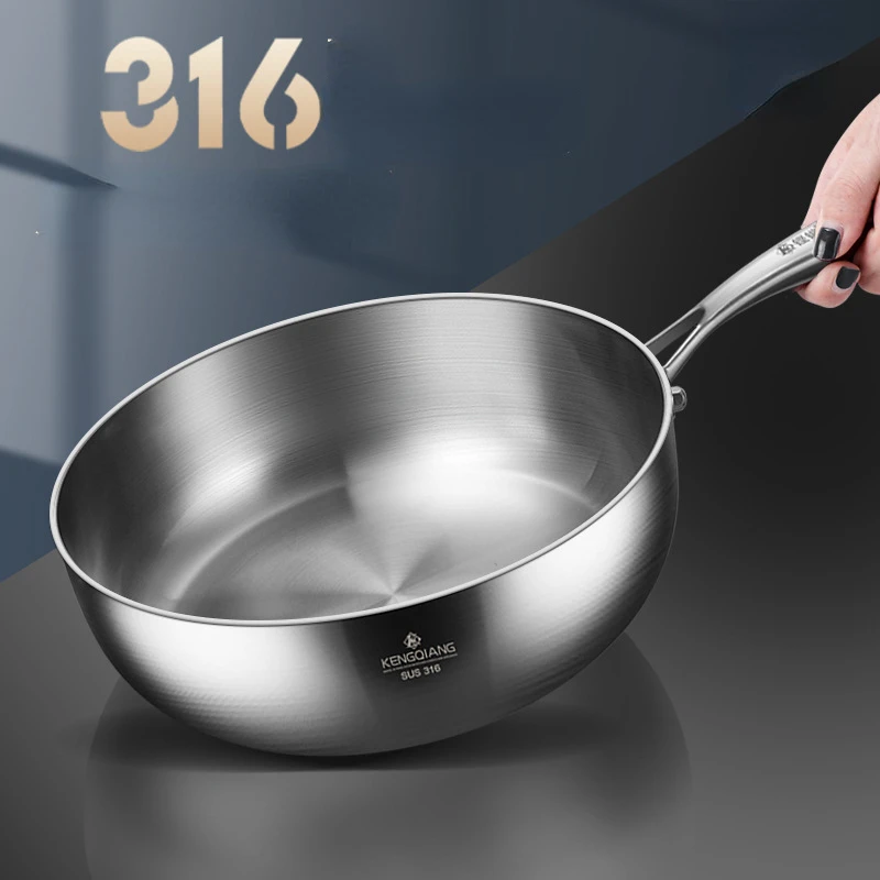 

316 stainless steel flat bottomed frying pan Deepen uncoated Induction wok pan cooker cookware