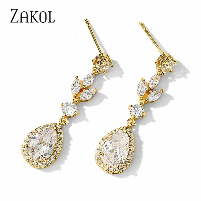 ZAKOL Fashion Leaf Bridal Earrings Water Drop Cubic Zircon Dangle Earrings For Women Wholesale EP2406