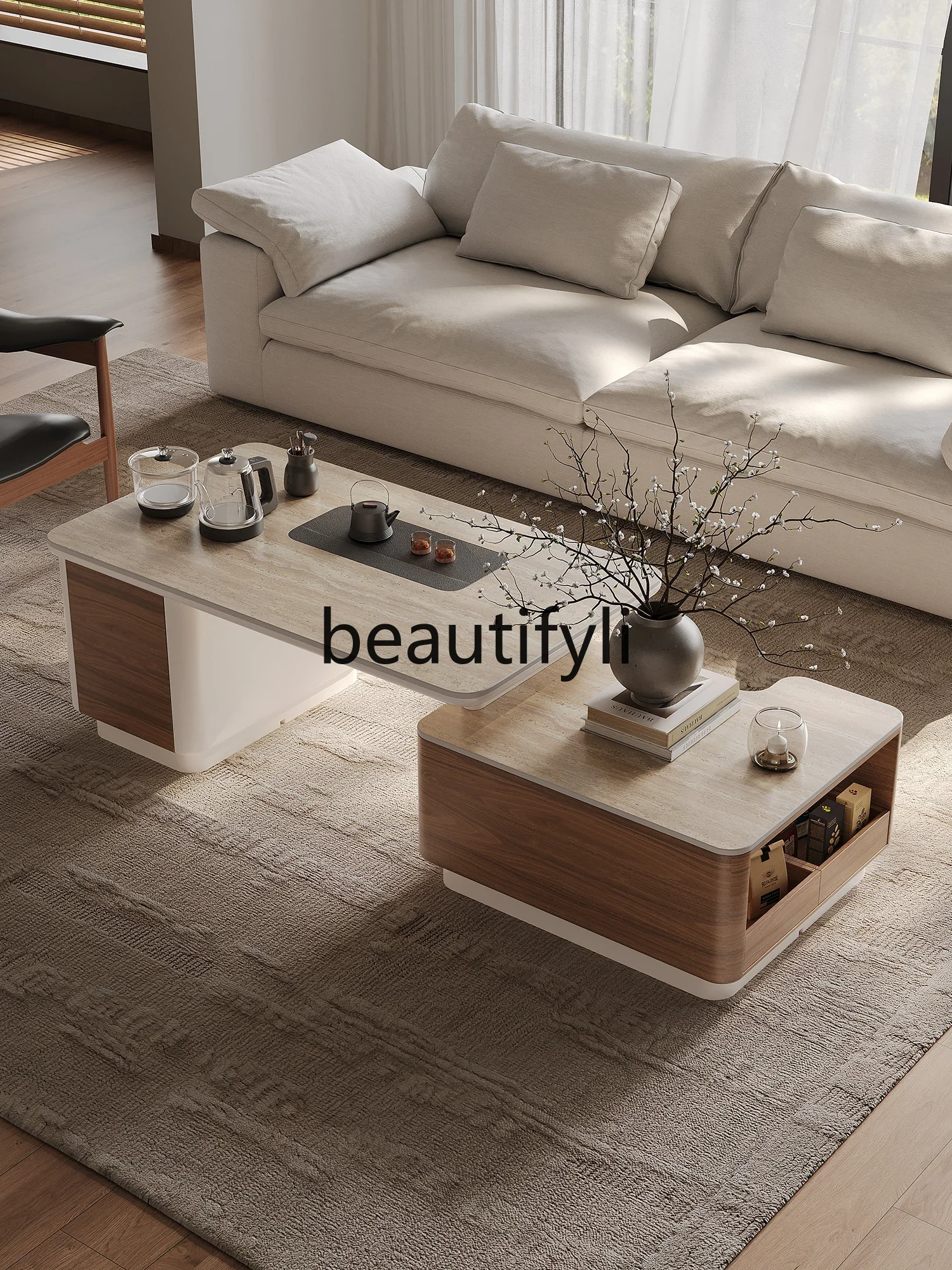 

Retractable coffee table living room home new travertine rock slab advanced light luxury tea table1184