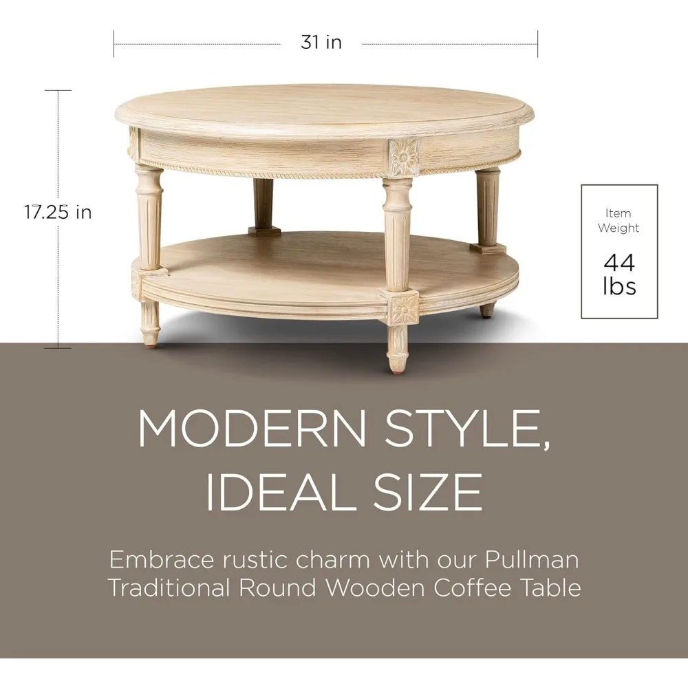 Pullman Large Curved 2 Tier Traditional Round Circle Wooden Center Coffee Table with Shelf Storage in Rustic Antiqued