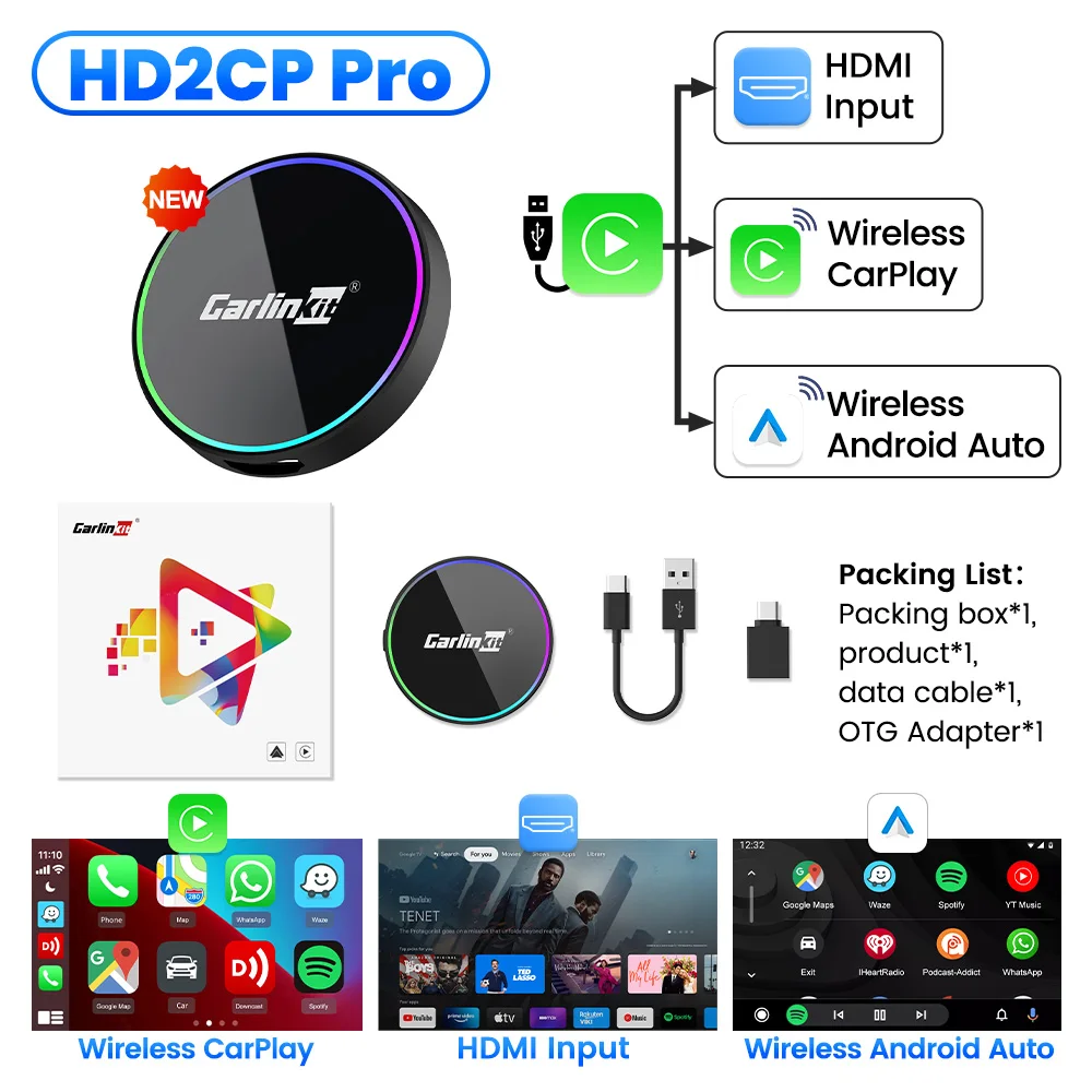 NIEUWE CarlinKit HD2CP Pro CarPlay naar HDMI Draadloze Android Auto CarPlay 3-in-1 Smart Car Box Plug en Play 2K Video Streaming Box