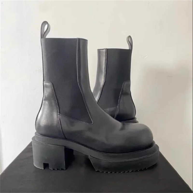 Exclusive Handmade 7cm Thick Sole Bogun Beatle Cow Leather Slip On Platform Casual Cheslea Boots