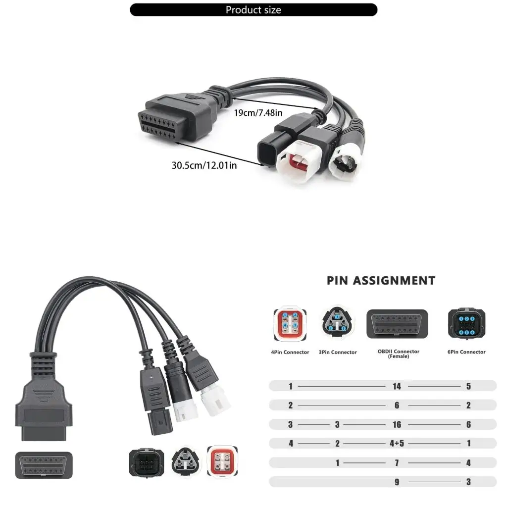 3pin 4pin 6pin to 16pin OBD 2 Extension Cable Motorcycle Diagnostic Tool 3 in 1