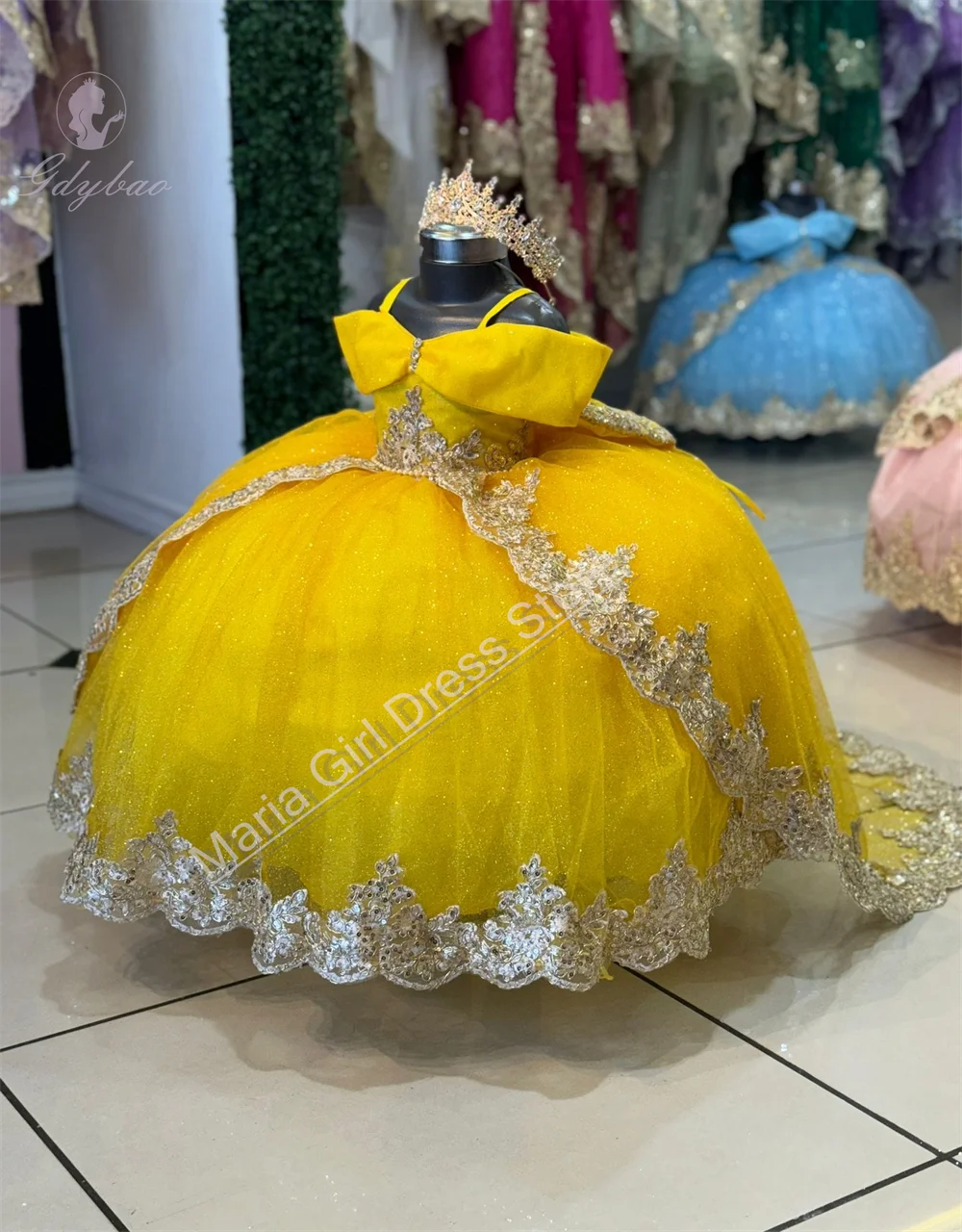 Light Blue Christmas Dress Girls Fluffy Flower Girl Dress Spaghetti Straps Gold Lace Appliqué Pageant Wedding First Communion image 3