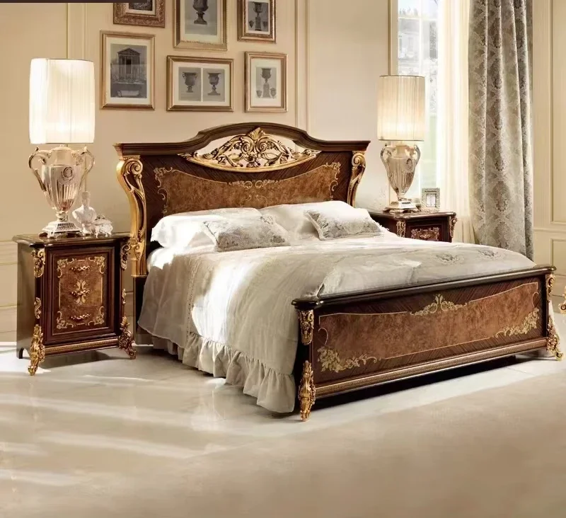 Classic Antique Wood Bedroom Furniture Set Wood Bedroom Set King Bed Luxury Royal Gold Brown Bedroom Furniture Set