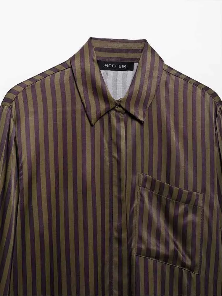 Estilo europeu nova moda feminina versátil simples textura de cetim manga comprida lapela camisa calças listradas terno