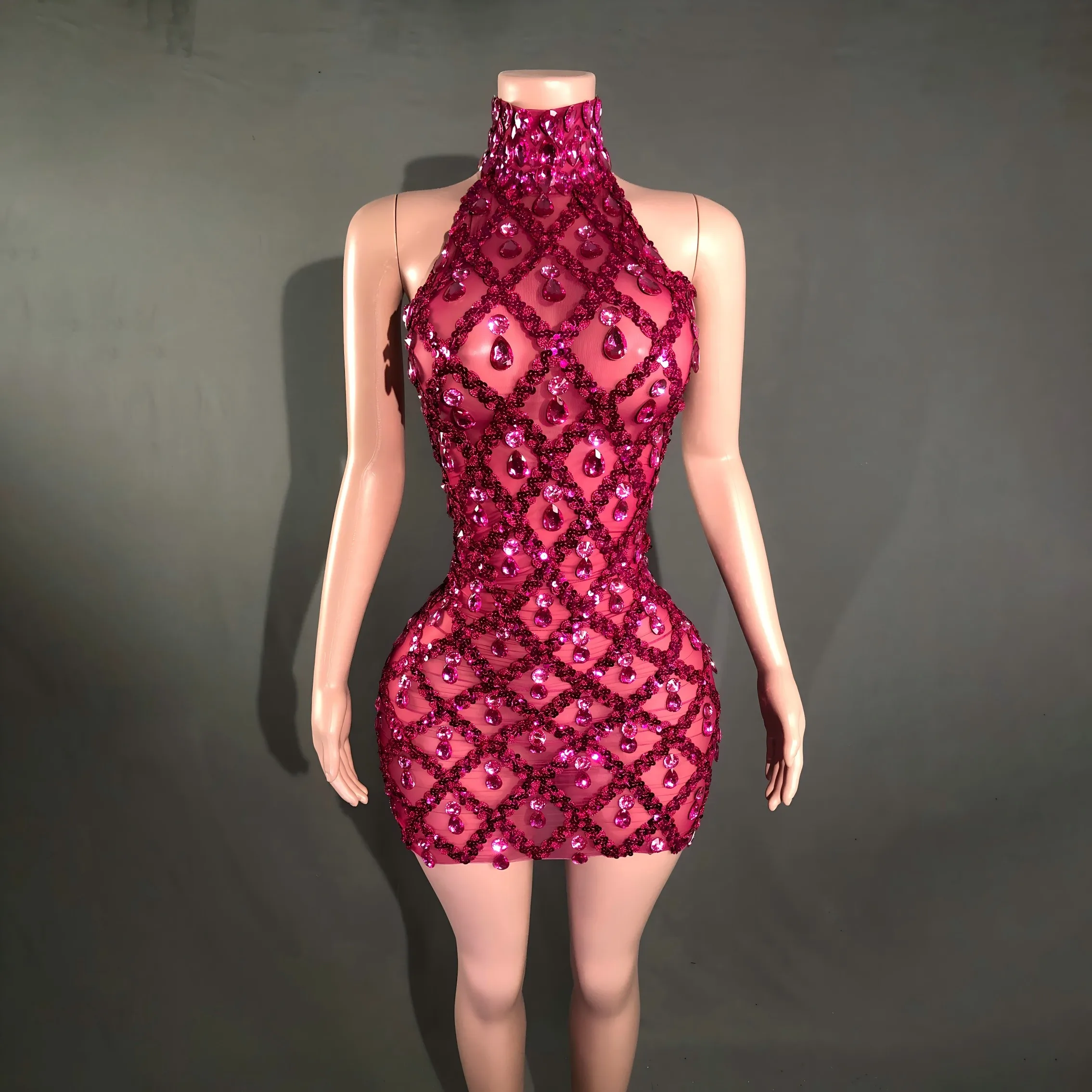 

high neck and sexy stage performance costumes sleeveless shiny diamond backless short skirt waist mesh transparent yarn