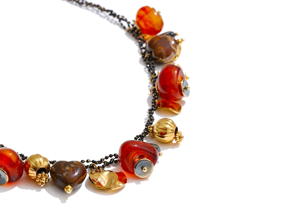 Yhpup Kette Perlen Halskette Bernstein Acryl Harz Herz Tropfen Charms Halskette Edelstahl Stilvoller handgemachter Schmuck Wasserdicht – Detail 12