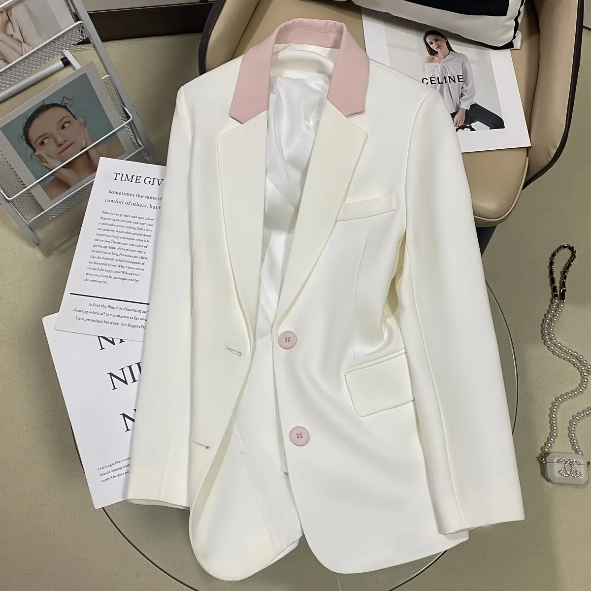 

Korean Popular Clothes Old Money Style Woman Black Blazer Lady Coat Colorblock Hatless Edge Splice Ins Long-Sleeve Medium-Length