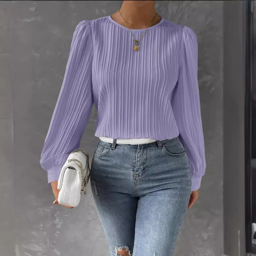 2025 Autunno Nuove Donne di Colore Solido Girocollo Allentato Versatile Top Per Le Donne Alla Moda Casual a maniche lunghe Camicia con maniche a lanterna