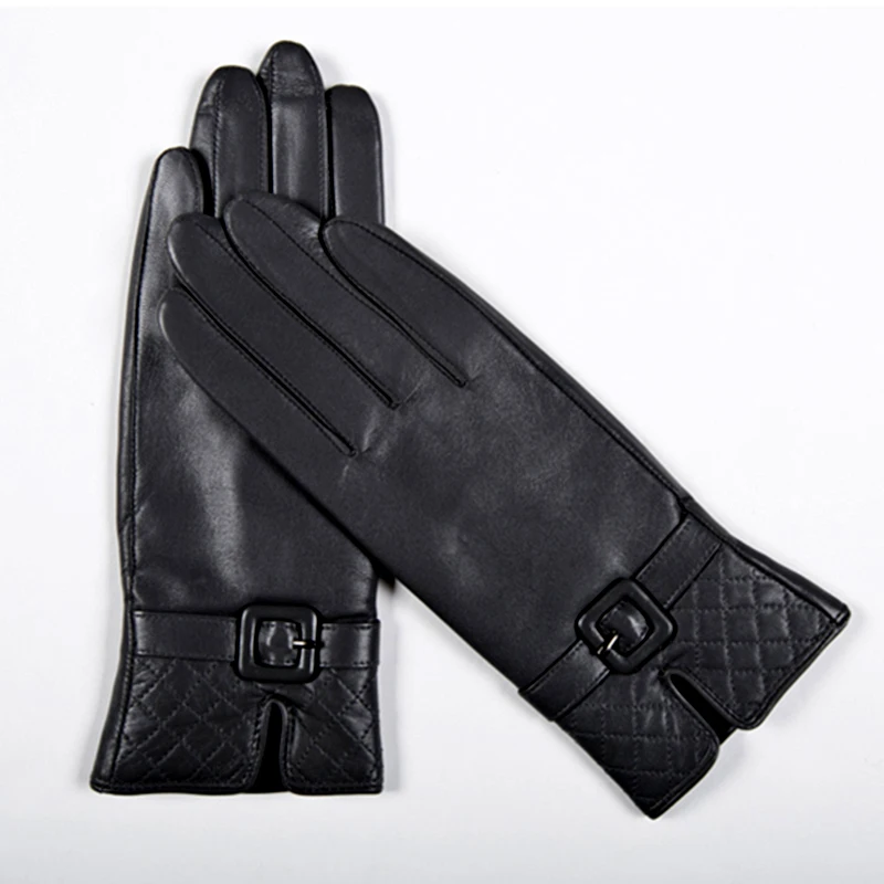 GOURS Winter Real Leather Gloves Women Black Genuine Goatskin Gloves Fleece Lining Warm Driving Fashion Belt Design New GSL016