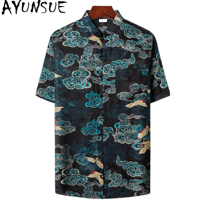 

Мужские рубашки AYUNSUE из 35% натурального шелка тутового шелкопряда и 65% вискозы, летняя одежда высокого качества, рубашки с короткими рукавами, модные топы с принтом