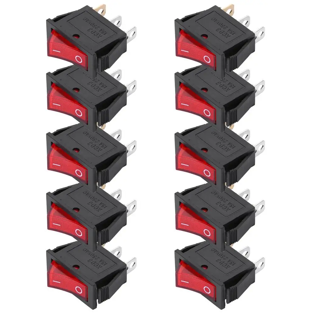 10PCs KCD3 3-Pin Rocker Switch with Red Light - On/Off 2-Position for Household Appliances Accessory