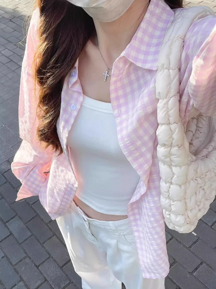 

Розовая клетчатая рубашка для женщин, новинка ранней весны 2026 года, корейский стиль, тонкая, свободная, повседневная, с защитой от солнца, верхняя одежда с воротником и длинными рукавами