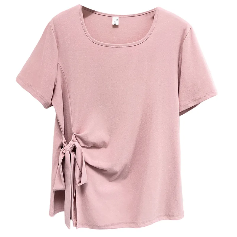 

2025 Summer Top New 100kg Fashionable Side Knot Slit Short Sleeve Tees Plus Size T-shirt For Women 9665
