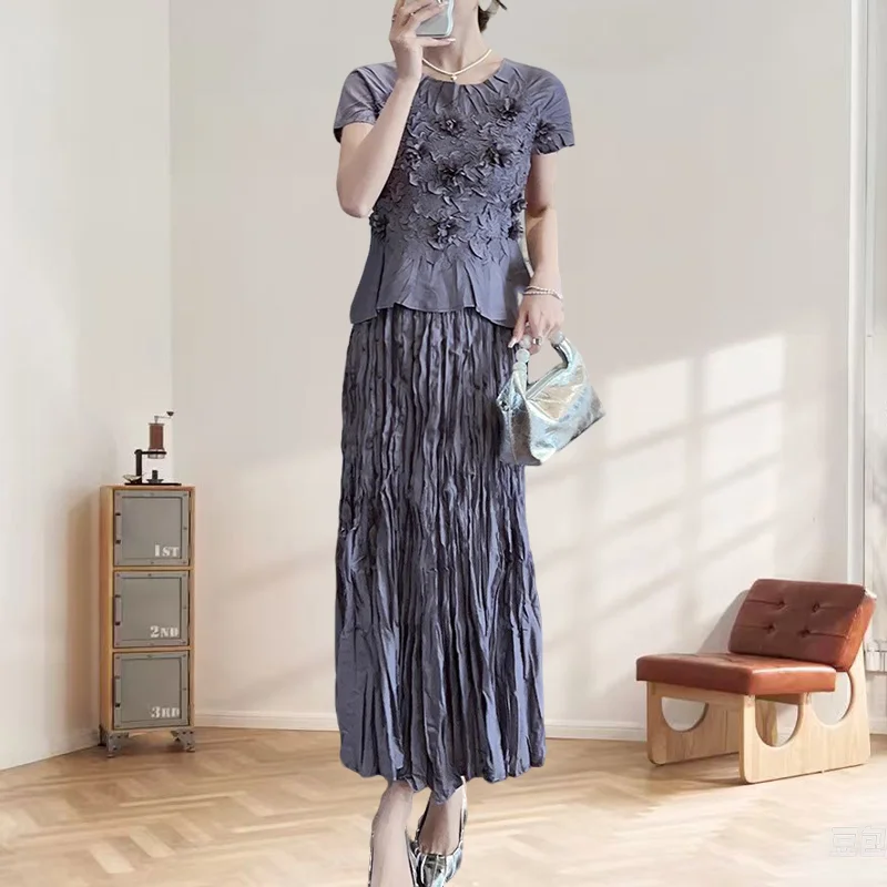 

Miyake Pleated Skirt Suit Design Sense Fold Suit Women Short Sleeve Top Stretch T-shirt Fashionable Versatile Pleat 2-piece Set