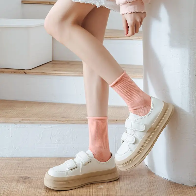 Candy Colored Rolled Edge Socks for Women's Mesh Thin Cotton Breathable Mid Tube Casual Socks