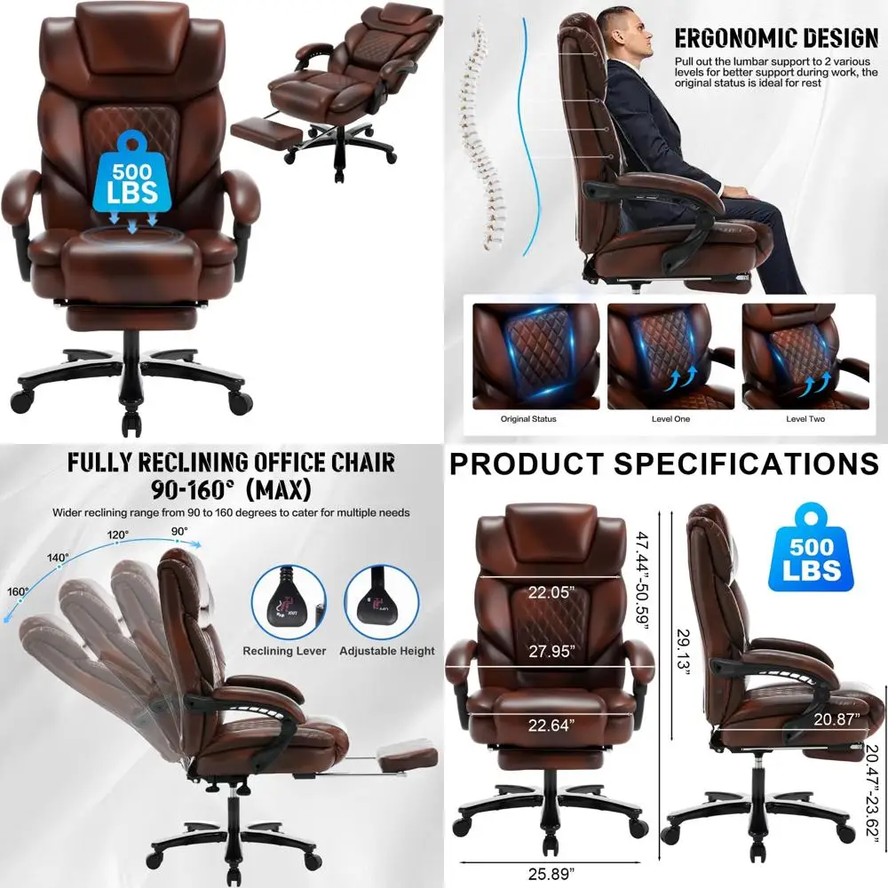 كرسي مكتب مكتبي كبير جدًا بمقاس كبير مع مسند للقدمين ودعم للظهر، كرسي مريح من جلد البولي يوريثان بمقعد عريض لـ Ta