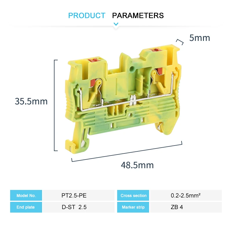 PT2.5-PE Push-in Ground Feed Through Protective Earth 2.5 Wire Electrical Connector Din Rail Terminal Block PT 2.5-PE