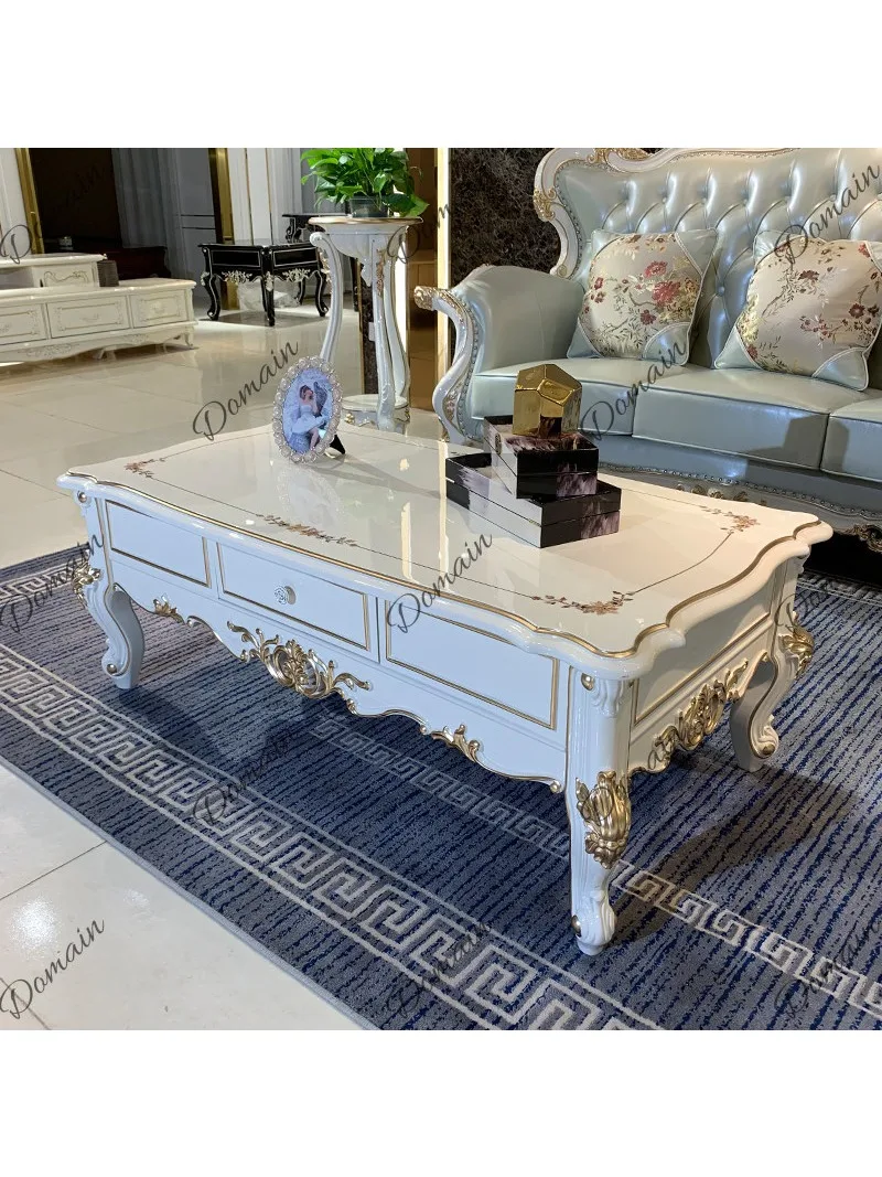 European Style Coffee Table Solid Wood Carved Simple Light Luxury Living Room Small Apartment Storage TV Cabinet Set