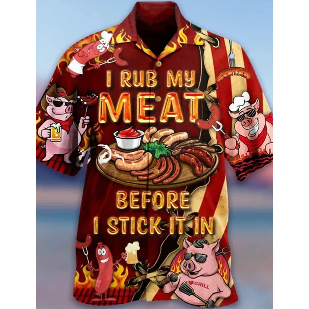 

Hawaiian men's cartoon barbecue pattern shirt short sleeved button top fashion collar outdoor street casual breathable men shirt