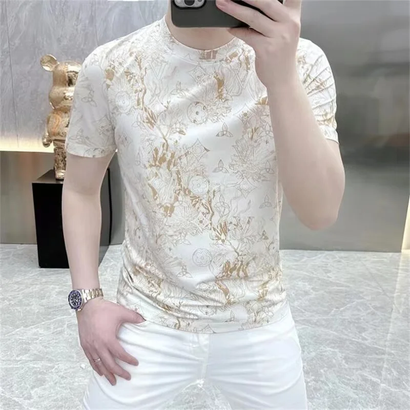 2025 Summer Men's Casual Short Sleeved T-shirts Brand Printed Breathable Quick Drying T-shirt Trend Round Neck Slim Fit Top