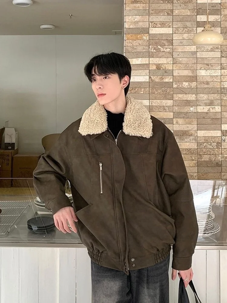 

Winter Thiened Retro Loose Fur Collar Men's Cotton Jaet Motorcycle Sle Warmth Outerwear Long Sve Zipper Decoration