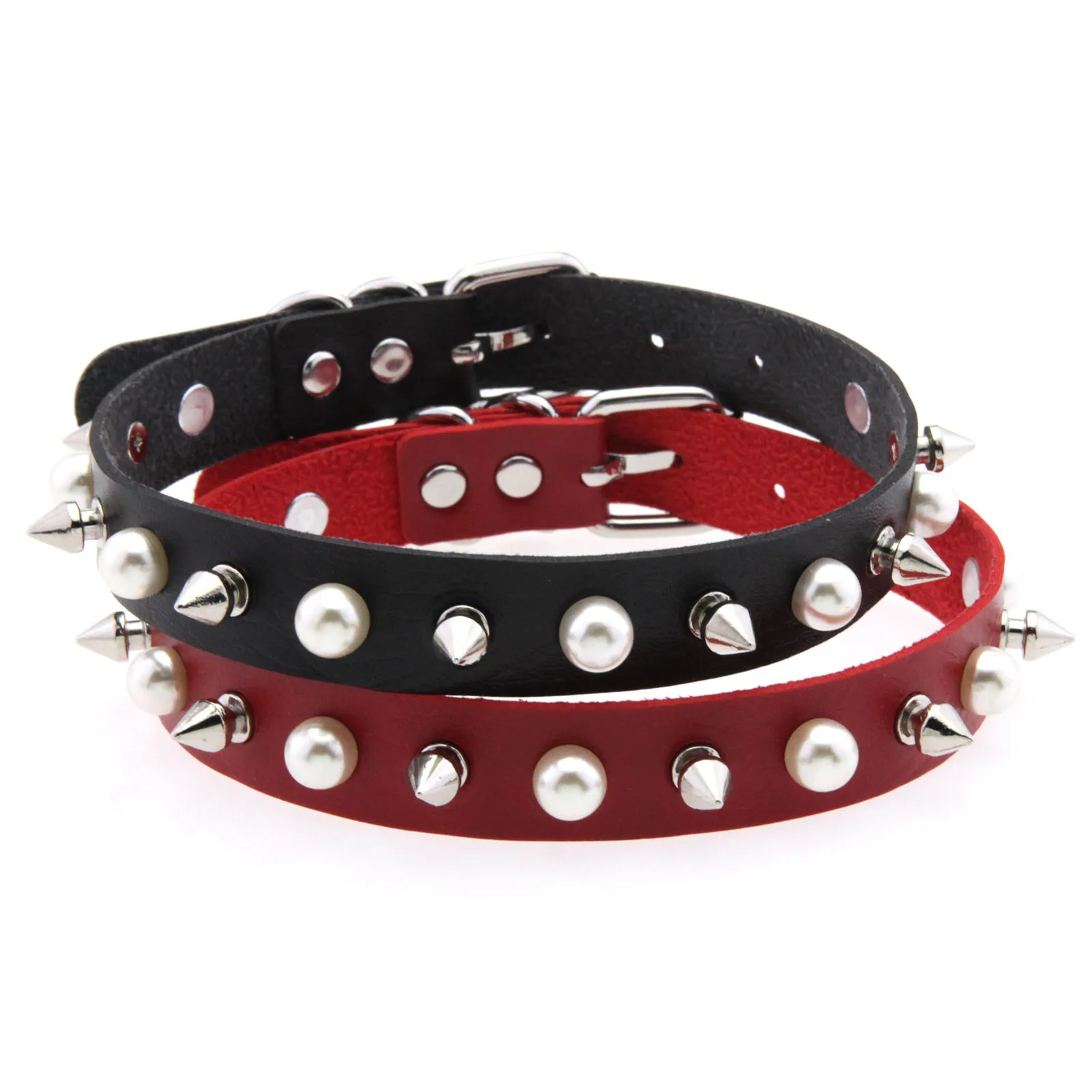 Punk Gothic Harajuku Rock and roll Creativity Imitation pearl Rivets Multicolored Leather Alloy Necklace Clavicle chain