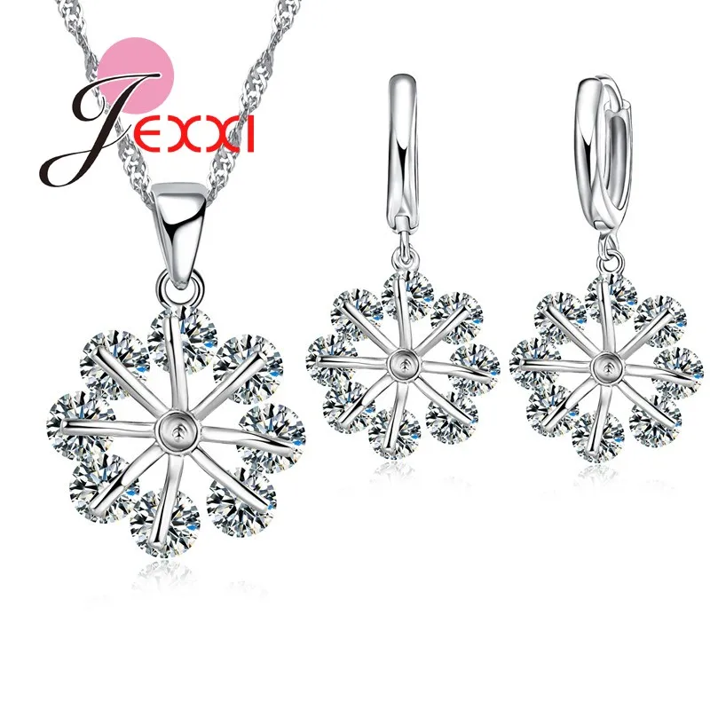 Romantic Wedding Collier Jewelry Sets 925 Sterling Silver Chain Clear Crystal Snowflake Necklace Drop Earrings Bijoux