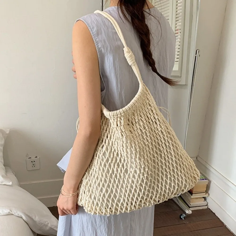 New Large Capacity Woven Tote Bag Hollow Out Bohemian Beach Hobo Bag Breathable Cotton Mesh Shoulder Bag Women