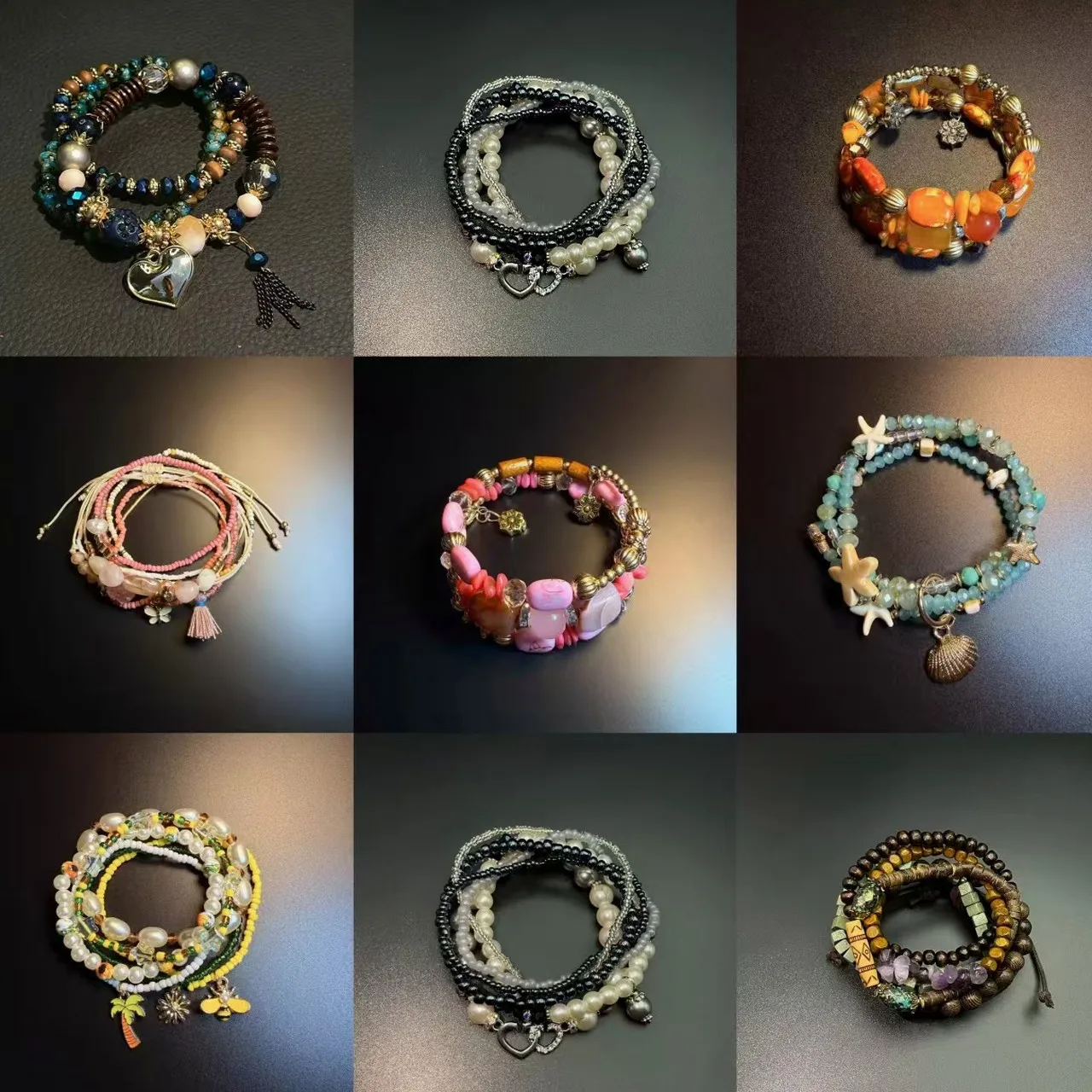 Vintage Bohemian Crystal Rice Bead Bracelet Set, Multi-Layer Stackable Bangle Bracelets Handmade for Women Gift