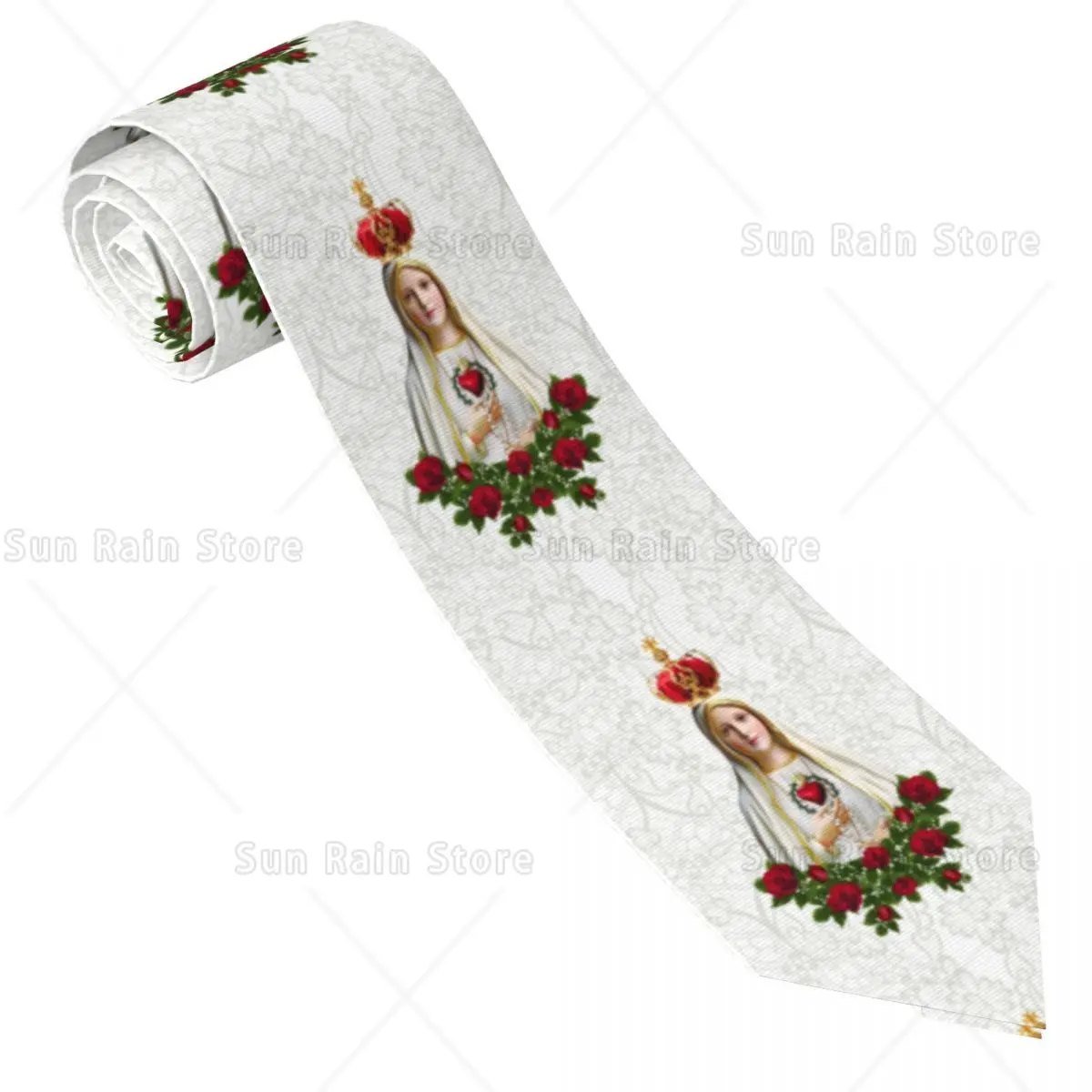 Custom Our Lady Of Fatima Virgin Mary Necktie Men Mens Suit Tie Portugal Rosary Catholic For Thanksgiving Day