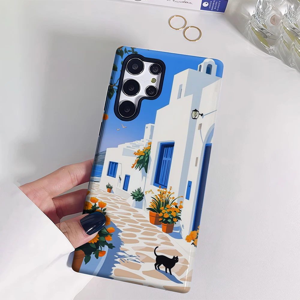 سانتوريني حافظة هاتف سوداء على شكل قطة لهاتف سامسونج جالاكسي S25 Ultra S24 S23 Ultra Plus غطاء خلفي لامع بطبقة مزدوجة #3