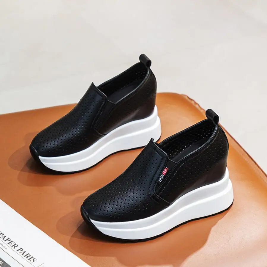 

New Spring Summer Genuine Leather Shoes Women Fashion Sneakers Ladies Flat Platform Height Increasing 10cm Black White Shoes