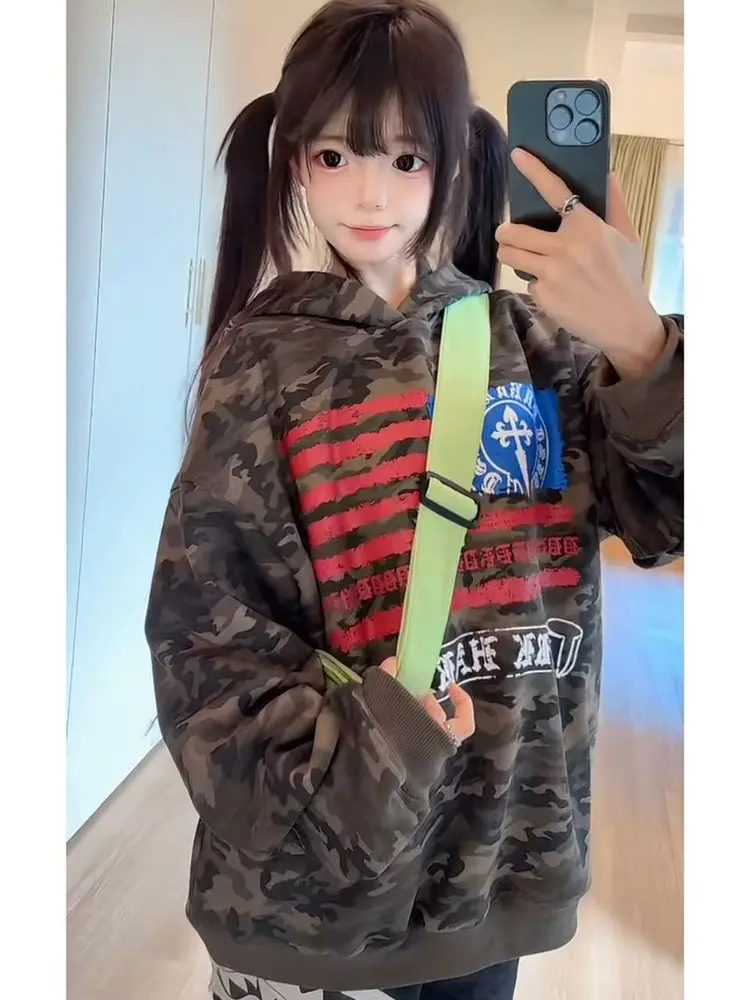 

Ретро-американский камуфляжный худи с принтом, женская осенне-зимняя свободная толстовка для пар, с длинными рукавами, стандартного кроя, с капюшоном