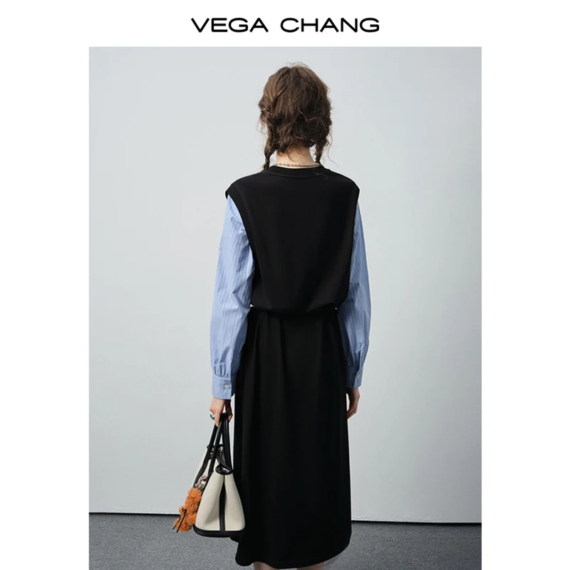 فستان Vega Chang للخريف والشتاء الجديد بأكمام طويلة وأكمام طويلة مع أكمام زرقاء، فستان طويل أنيق بتصميم كلاسيكي بسيط [الحزام غير متضمن]